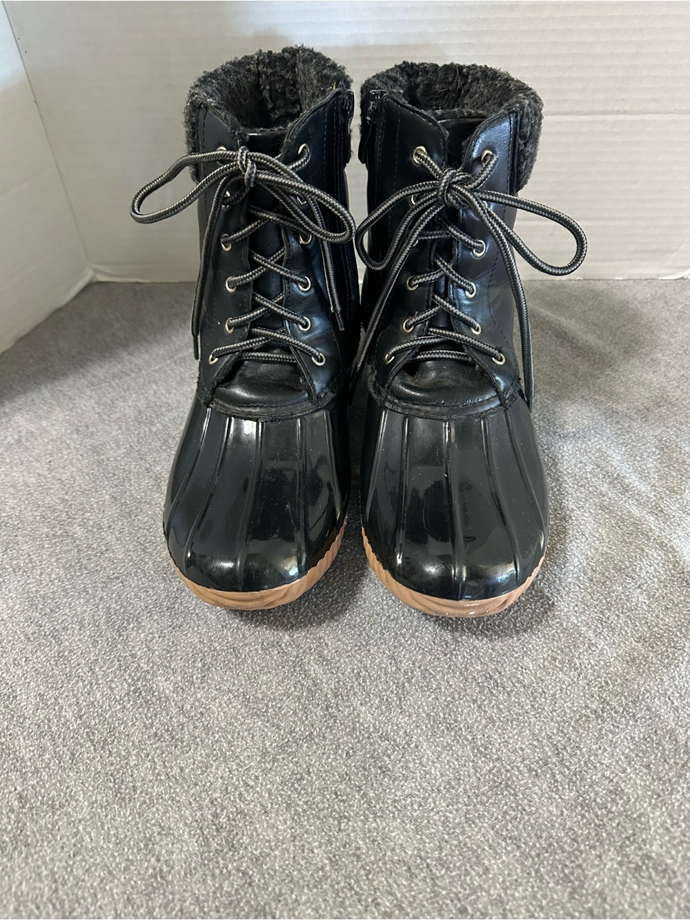 TOP Moda Black Lace-Up Waterproof Winter Boots with Brown Trim